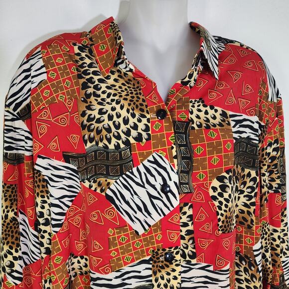 Vtg S.G. Sport Collection Womens Shirt Large Animal Print Patchwork Red Button - Picture 3 of 11